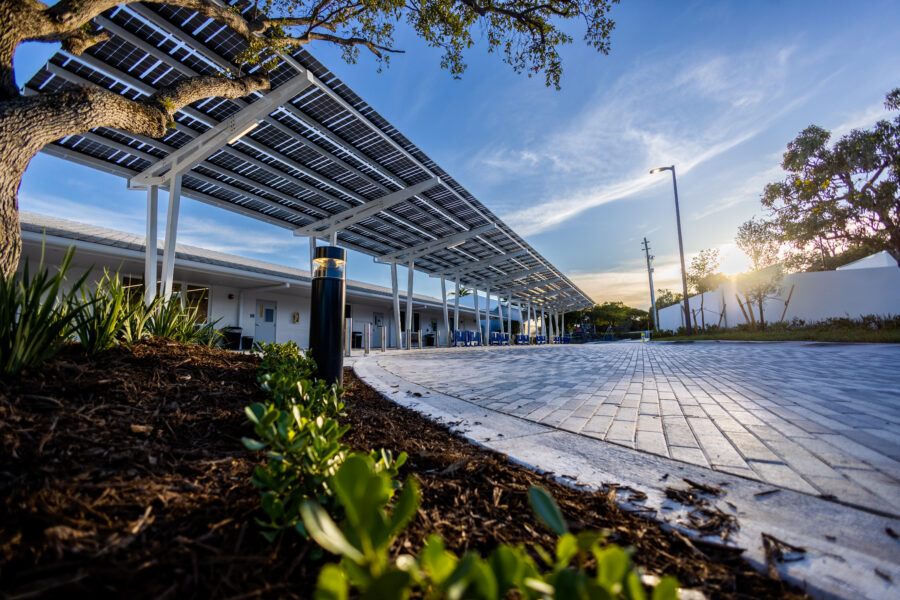 Under View of Lumos SolarScape Solar Canopy Drive-up Lane at Gulliver Academy n Miami