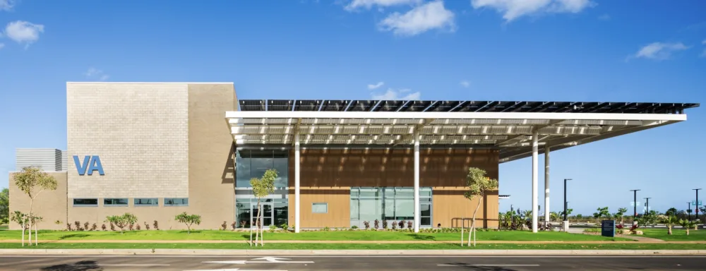 Beautiful shaded solar walkway along the side of Veterans Affairs Clinic in Hawaii.