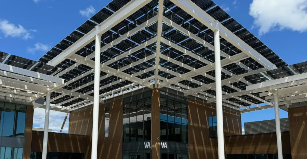 Solar Canopy Covering and Providing Shade to Entrance of Veterans Affairs Clinic in Hawaii.