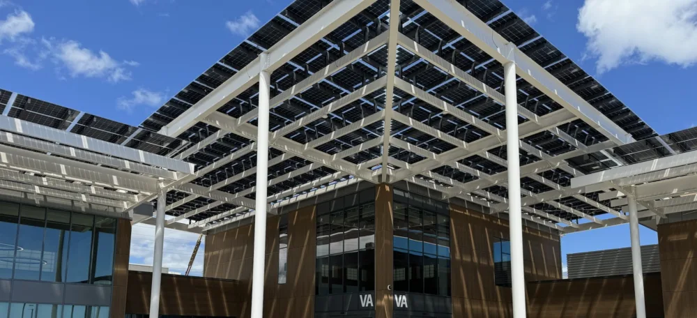 Architectural solar seen in a solar walkway and canopy at the entrance of Veterans Affairs clinic.